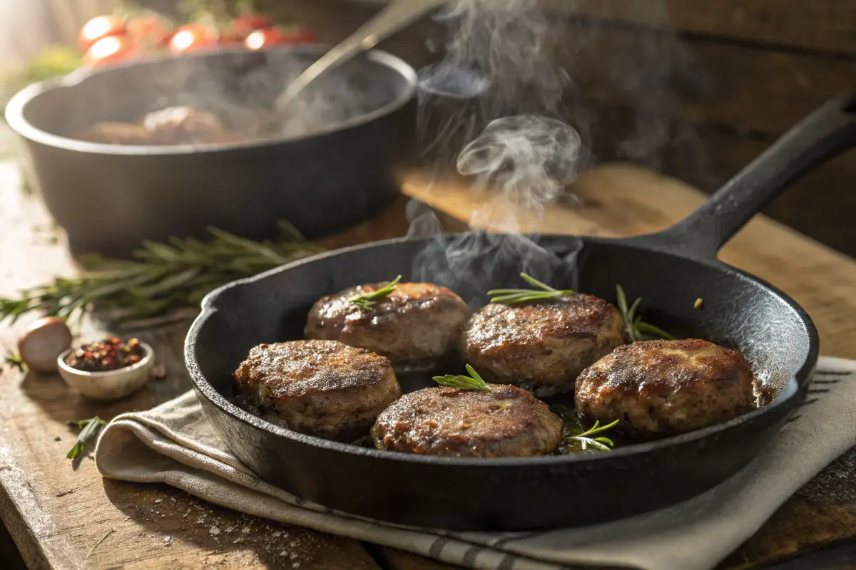 Venison sausage patties cooking in a skillet.