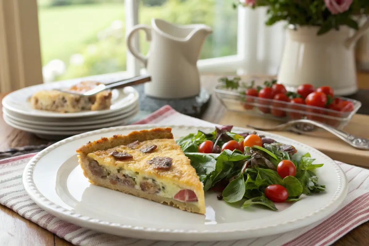 A slice of sausage quiche with mixed greens on a plate.