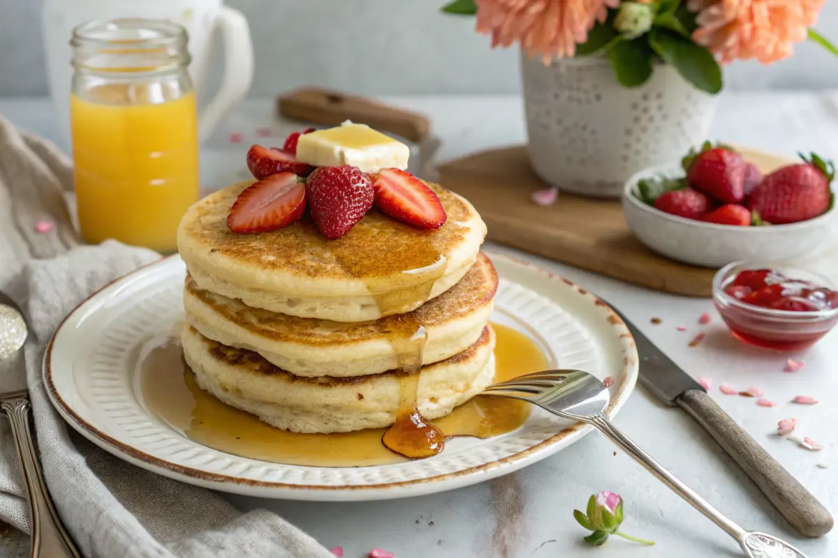 A stack of fluffy no-eggs pancakes with strawberries and maple syrup