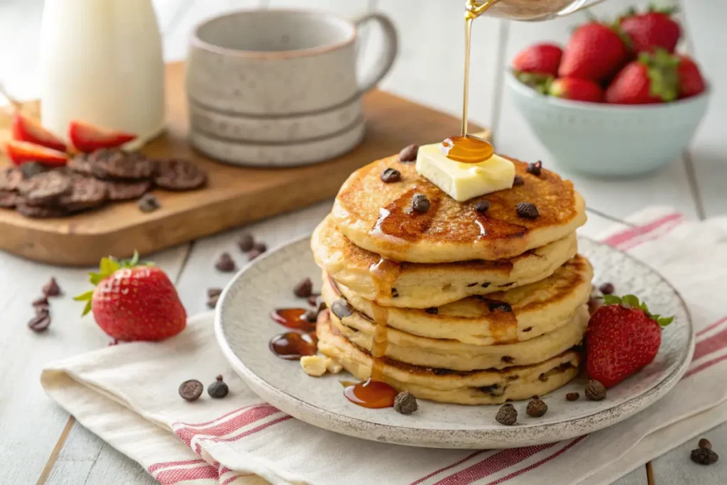 A stack of fluffy chocolate chip pancakes with butter and syrup.