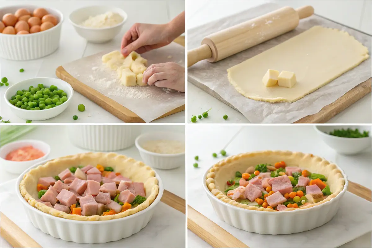 Step-by-step images of making ham pot pie, from rolling dough to adding filling.