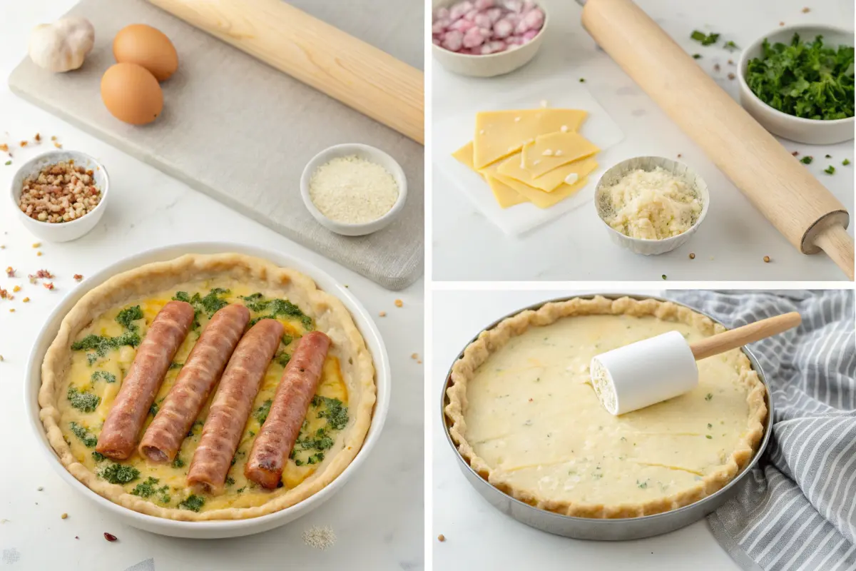 Step-by-step process of making sausage quiche.