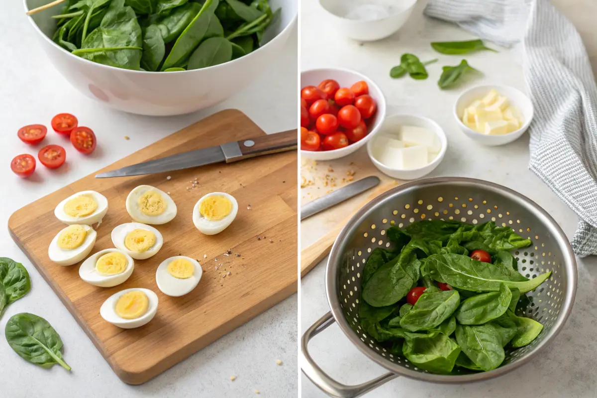 Preparing ingredients for boiled eggs and spinach salad