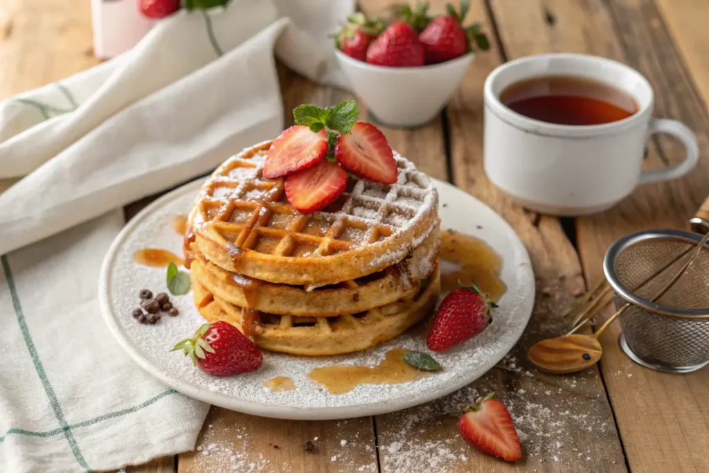 Stack of golden-brown mochi waffles garnished with strawberries and syrup.