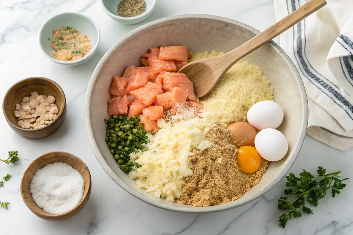 Ingredients for salmon patties in a mixing bowl