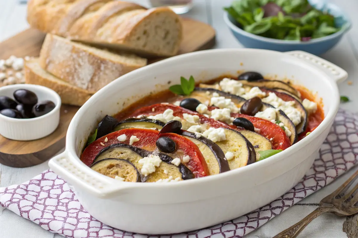 Mediterranean-style eggplant casserole with olives and feta cheese.