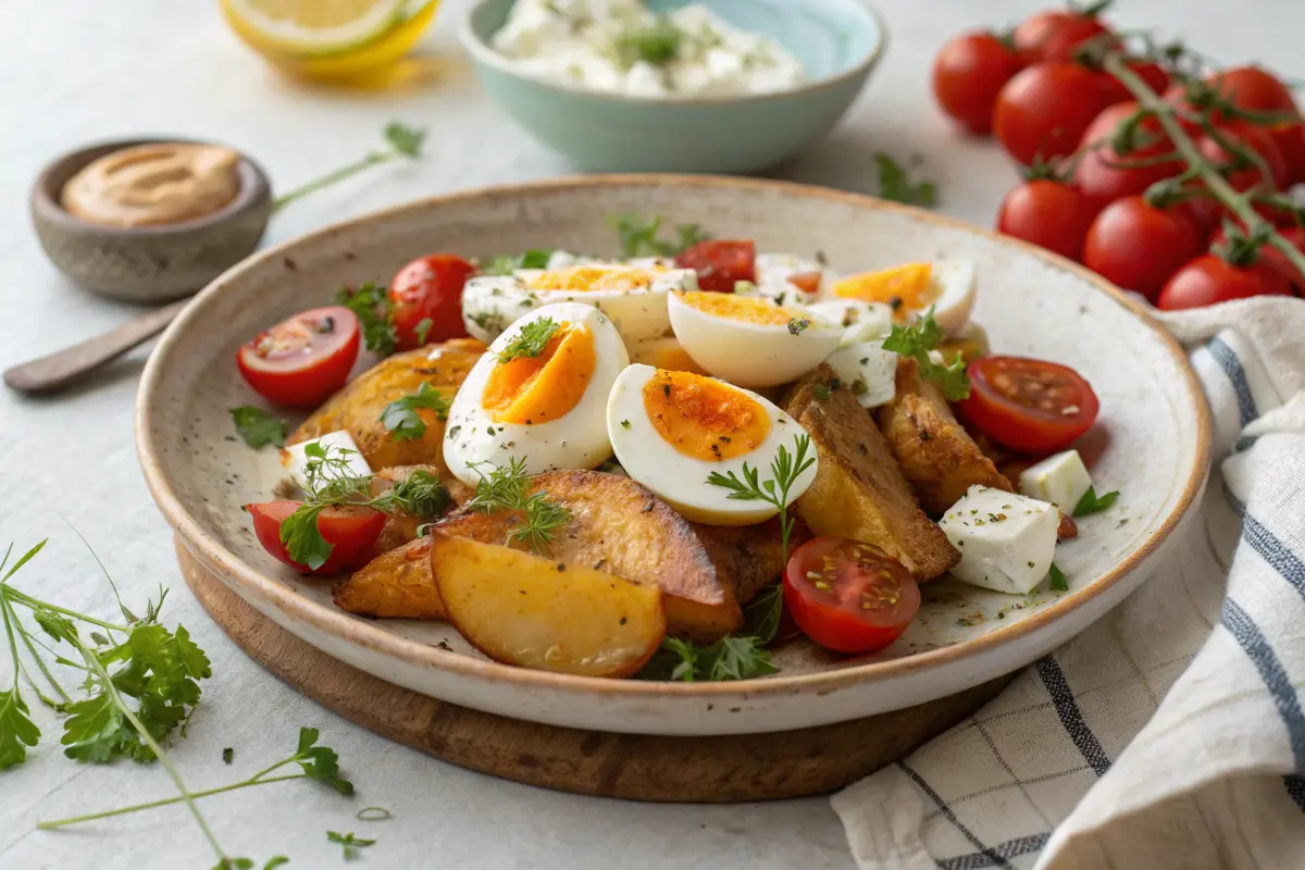 Mediterranean-style eggs over potatoes recipe with roasted potatoes and soft-boiled eggs.