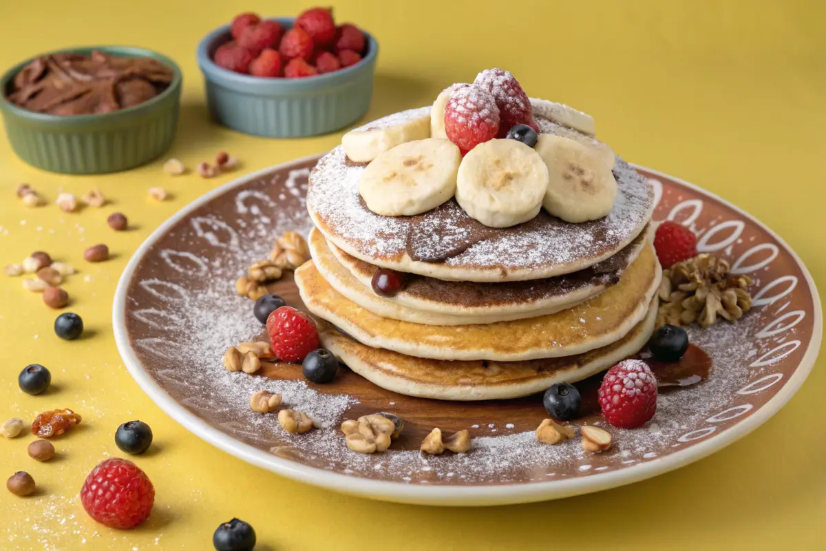 Pancakes layered with Nutella and bananas.