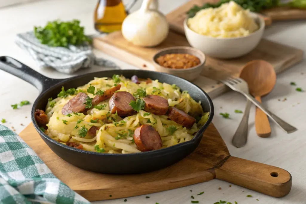 Rustic skillet with fried cabbage and sausage