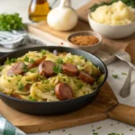 Rustic skillet with fried cabbage and sausage