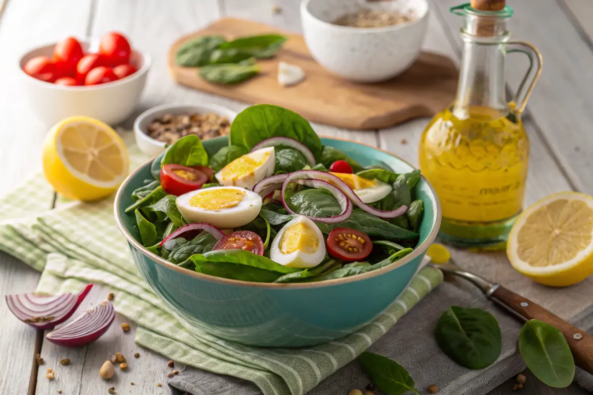 Fresh boiled eggs and spinach salad with lemon vinaigrette