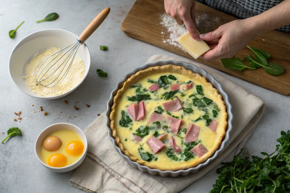 Spinach and ham quiche preparation with layers of filling in a pie crust.