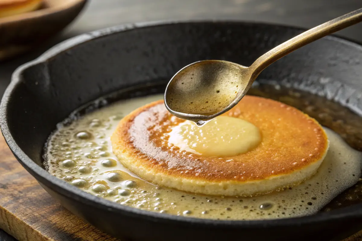 Hoe cake batter frying in a cast-iron skillet.