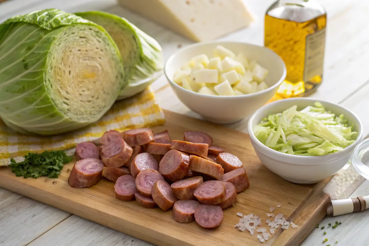 Ingredients for fried cabbage and sausage recipe