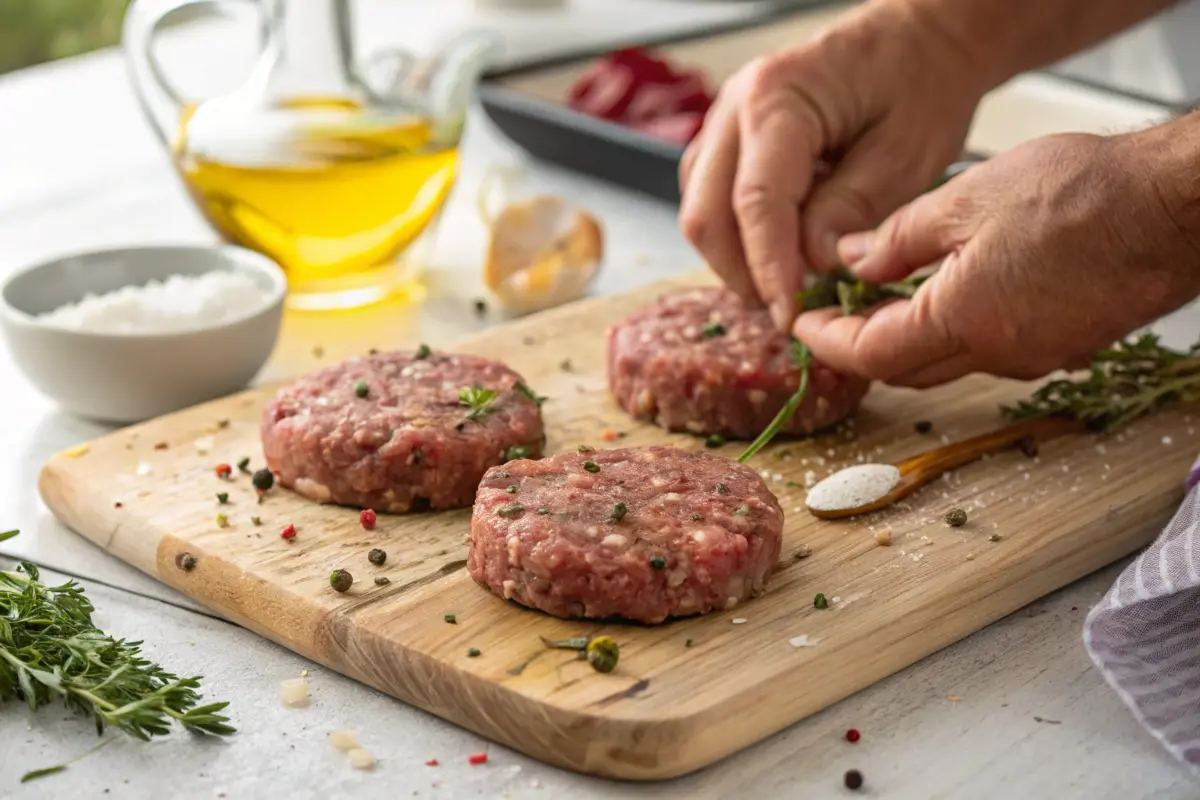 Raw venison sausage mix being shaped into patties.