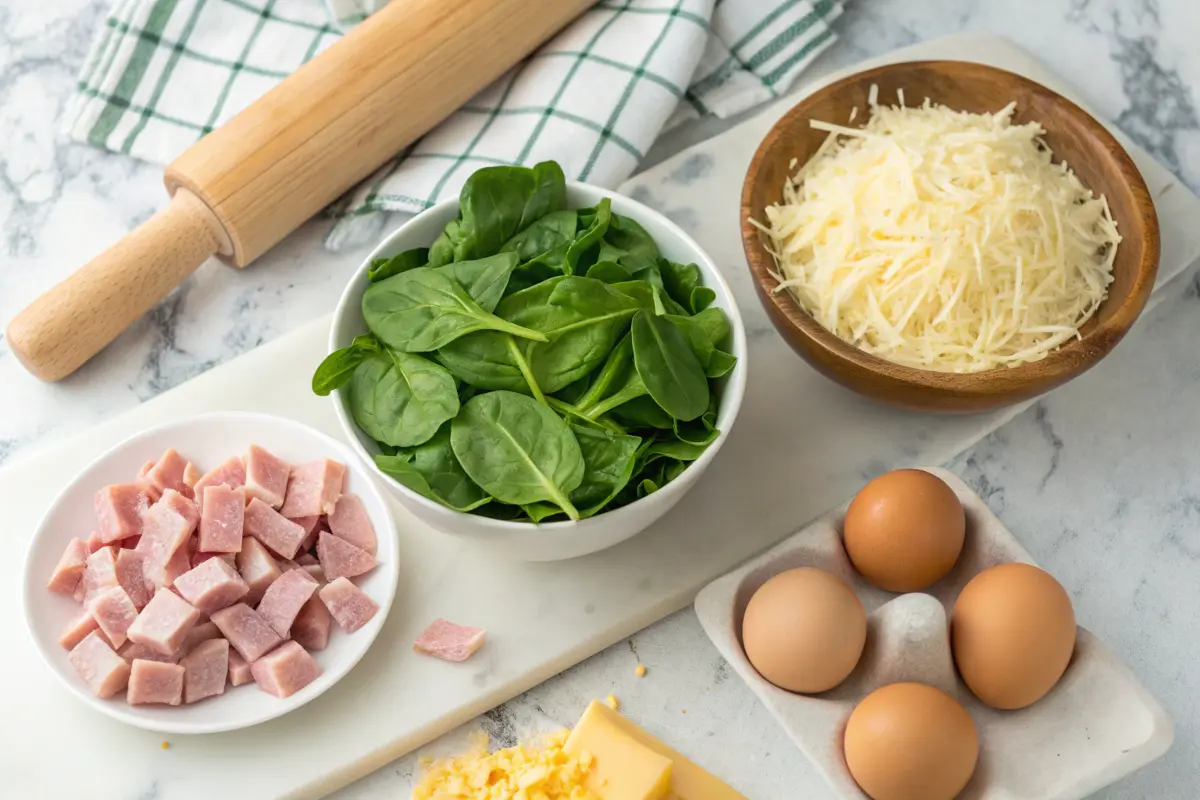 Fresh ingredients for spinach and ham quiche recipe on a marble countertop.