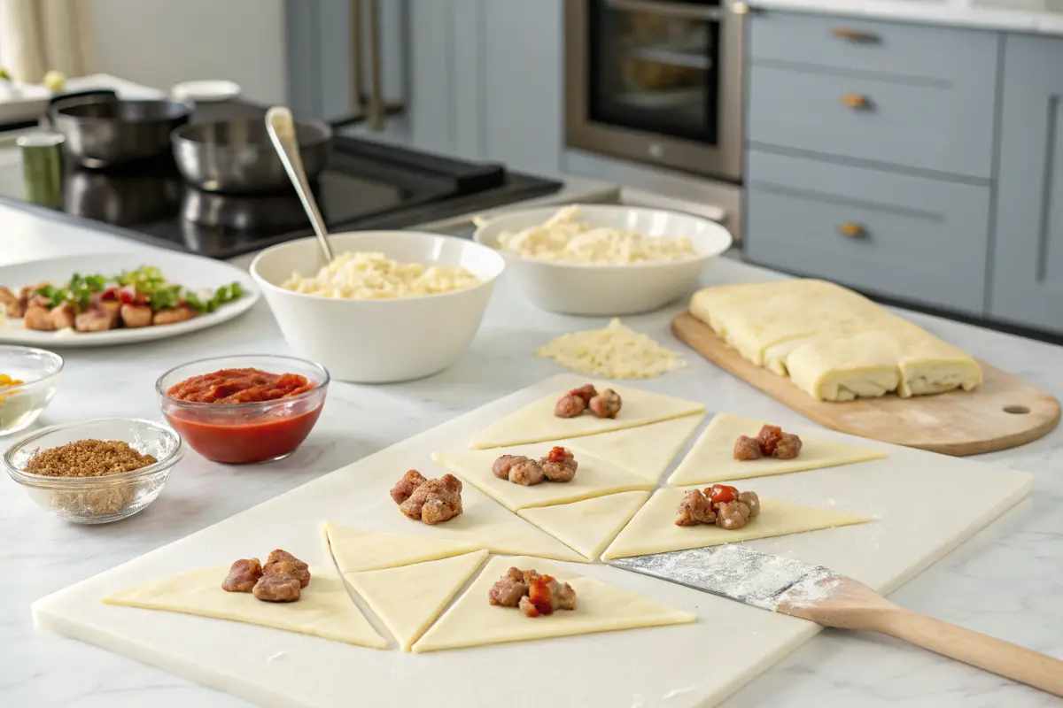 Assembling sausage cream cheese crescent rolls with filling on dough triangles.