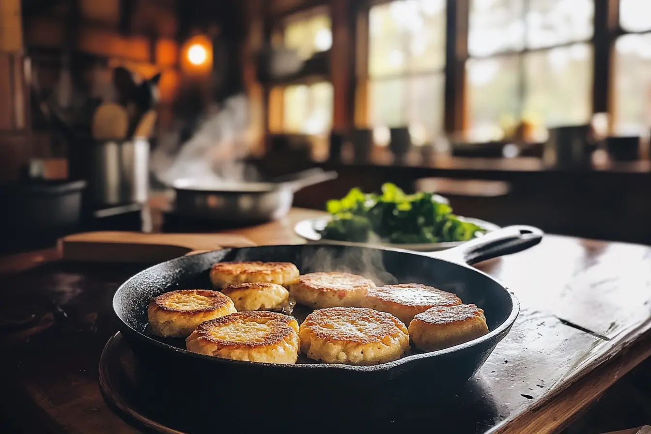 Rustic hoe cakes in a skillet with Southern greens.