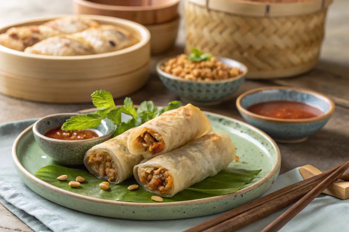 Comparison of fresh vs. fried pork spring rolls on a plate with dipping sauce.