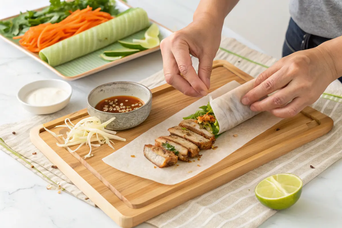 Hands rolling pork spring rolls with fresh vegetables on a wooden board.