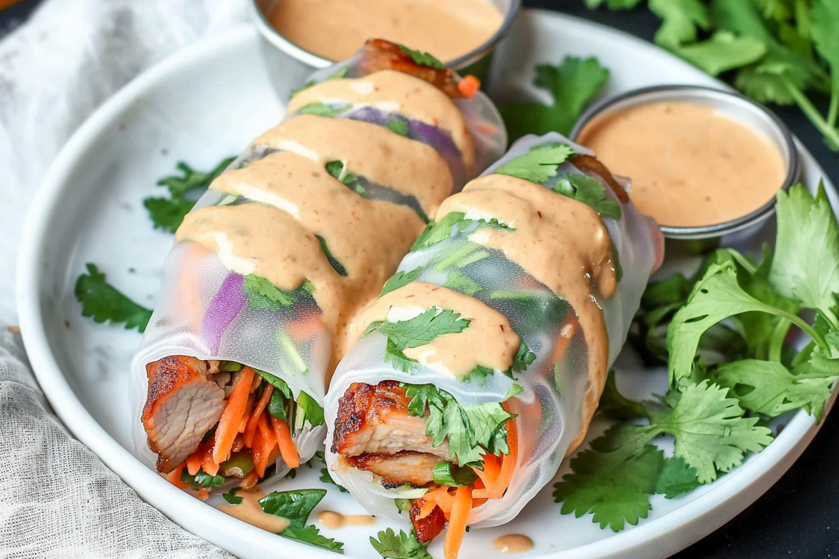 Close-up of fresh pork spring rolls with peanut lime sauce on a wooden platter.